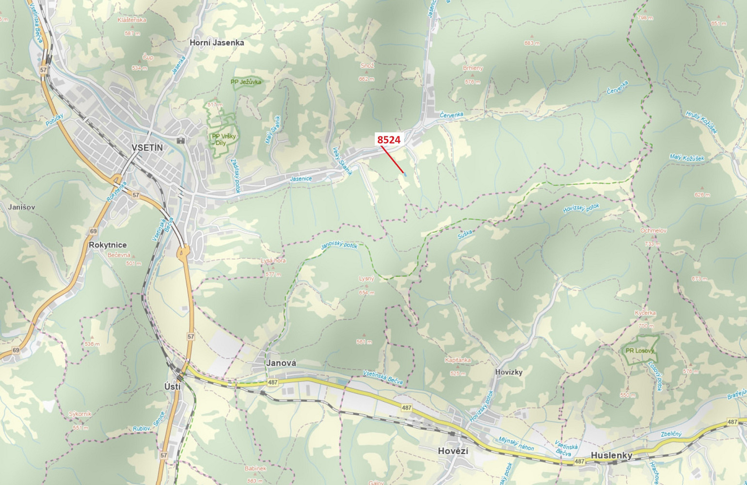 Lesní pozemek o výměře 939 m², podíl 1/1, katastrální území Vsetín, obec Vsetín, obec s rozšířenou p
