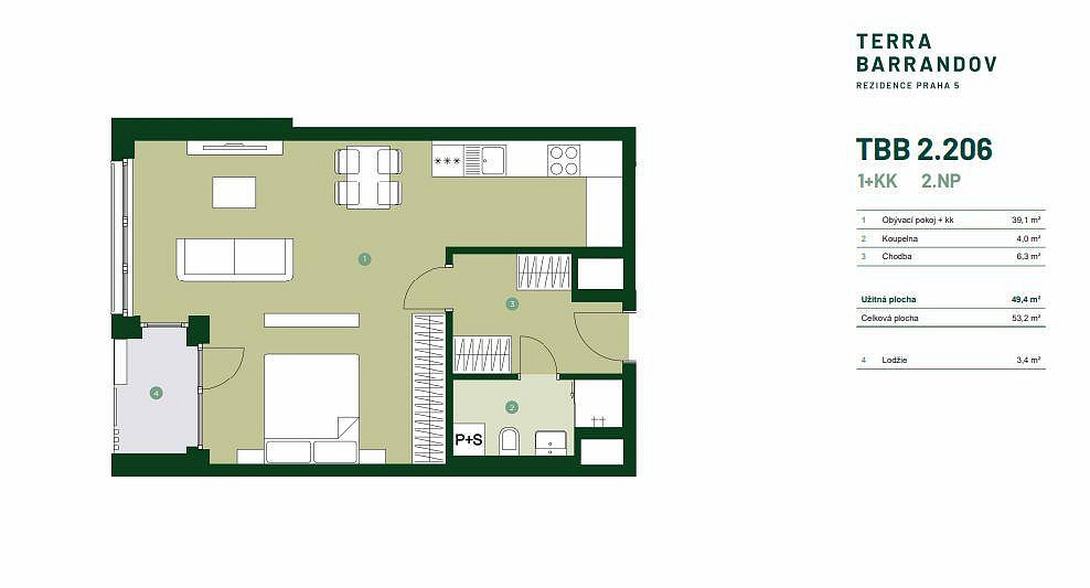 Prodej bytu 1+kk 53 m² – pohled 2