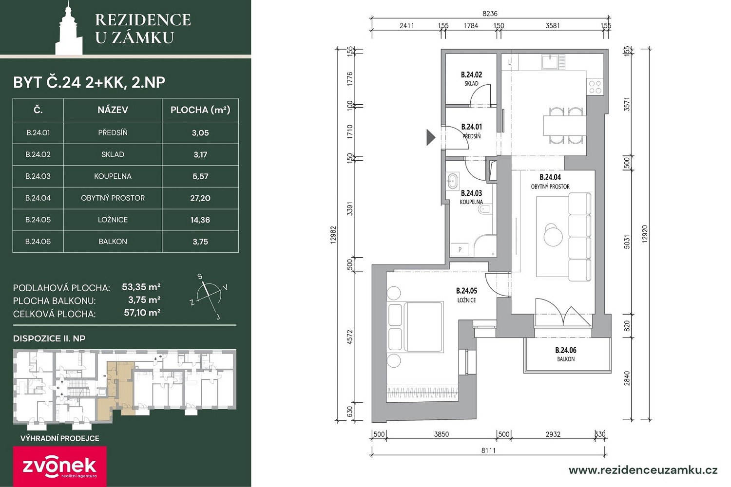 Prodej bytu 2+kk 56 m² – pohled 2