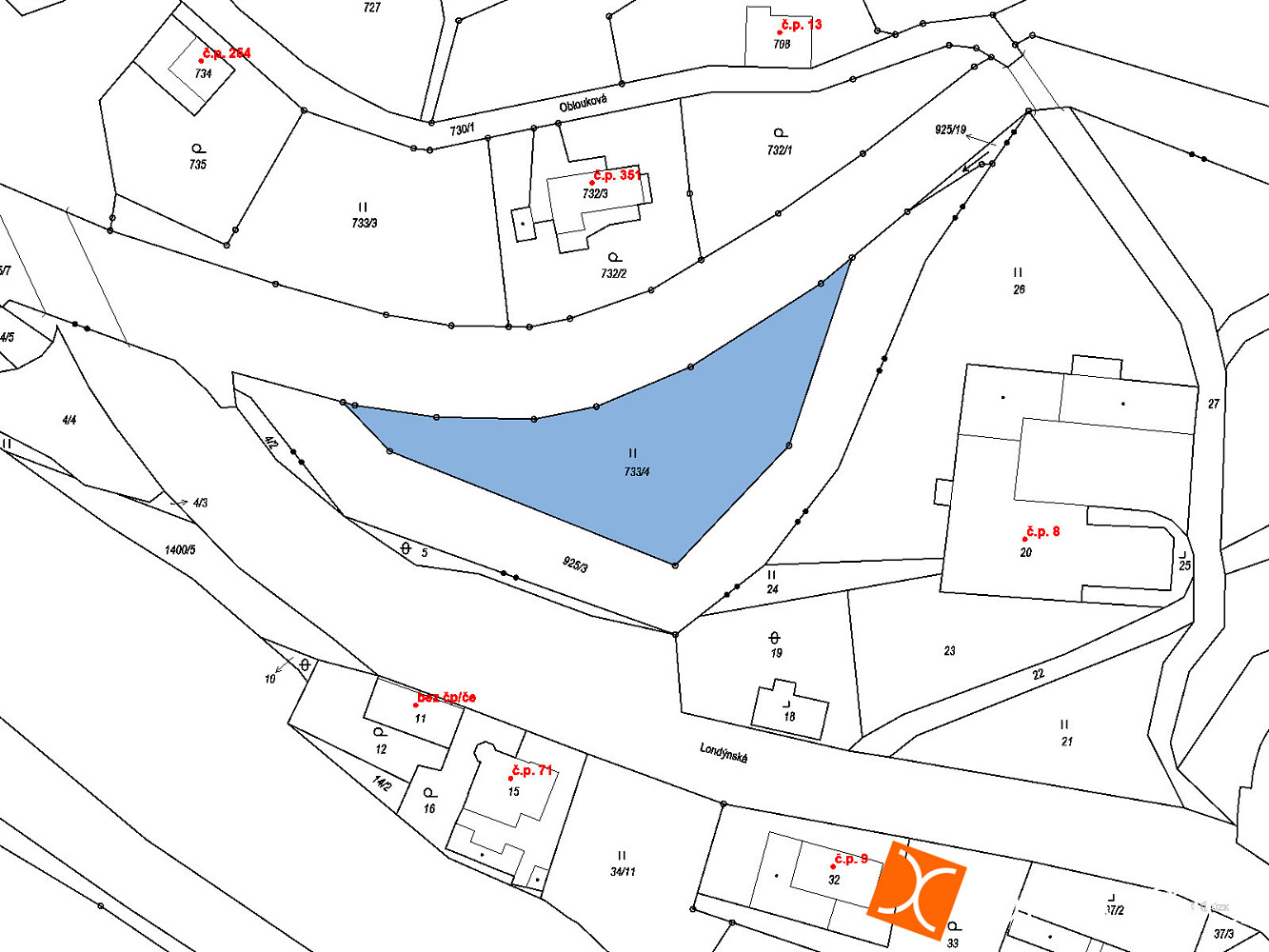 Prodej 1/4 pozemku 477 m² – pohled 2