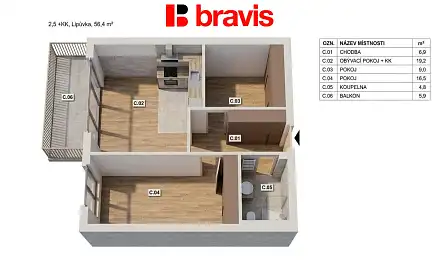Prodej bytu 2+kk 56 m²