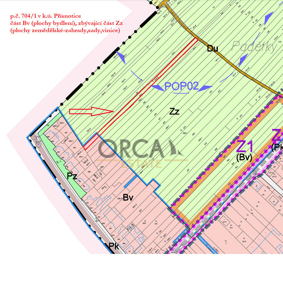 Prodej dvou pozemků o výměře 1058 m² v k. ú. Přísnotice – pohled 4
