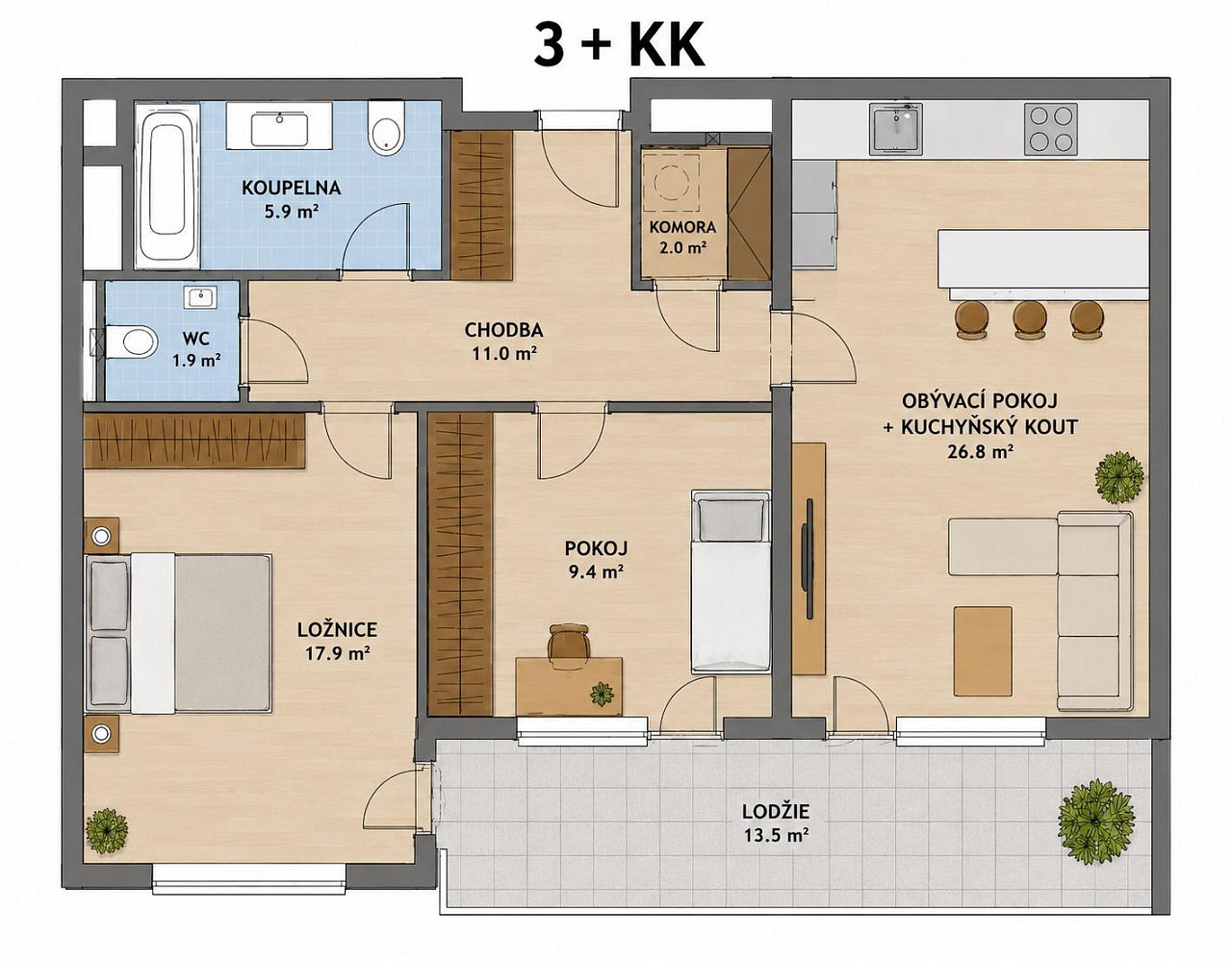 Prodej bytu 3+kk 74 m² – pohled 2