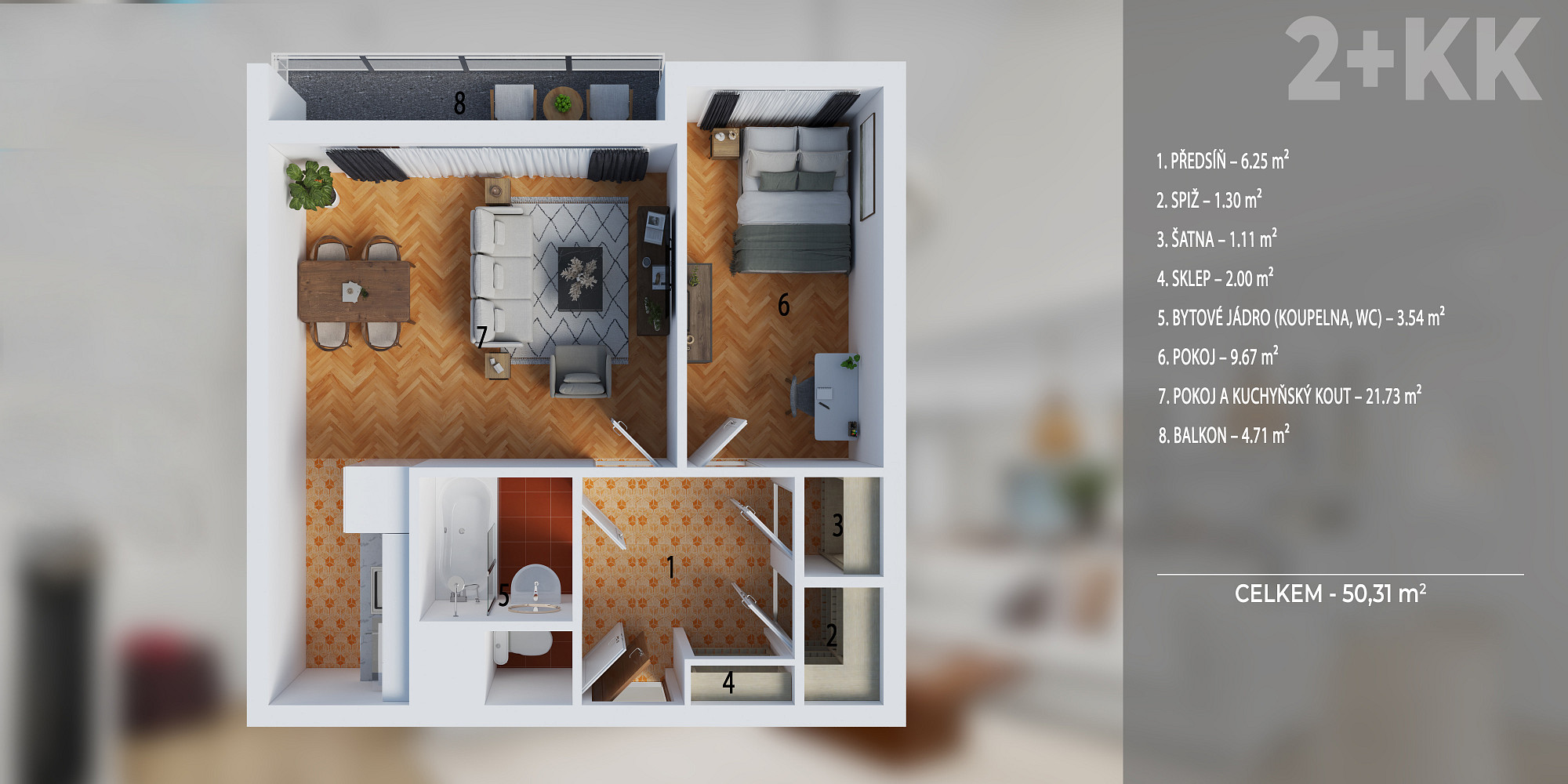 Prodej bytu 2+kk 44 m² – pohled 4