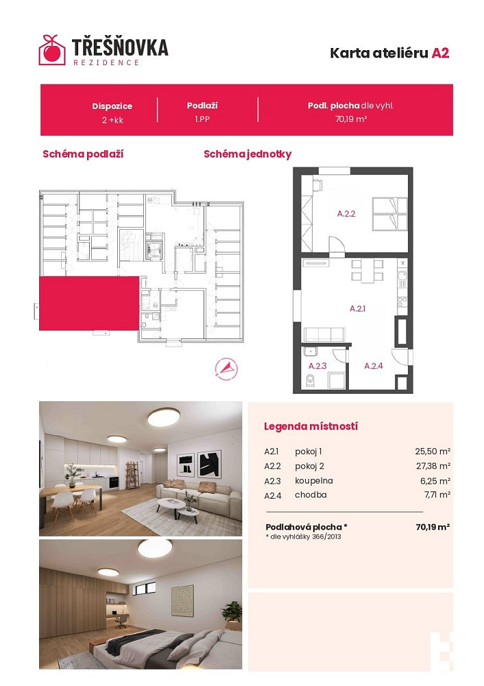 Ateliér o velikosti 70,19 m² v projektu Rezidence Třešňovka v ul. Pražská, Kolín – pohled 3