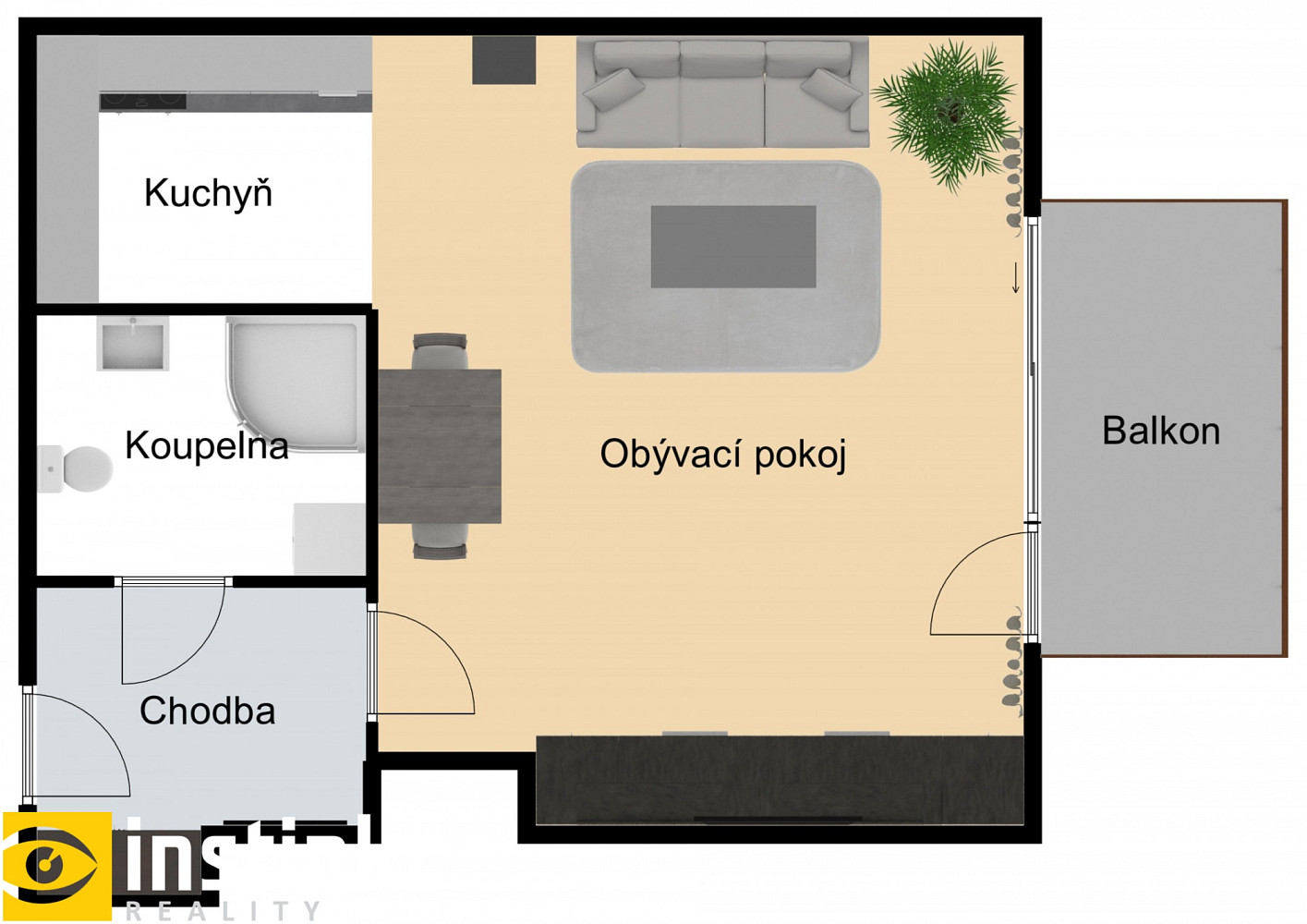 Pronájem bytu 1+kk 37 m² – pohled 2