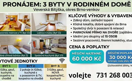 Pronájem domu 380 m² s pozemkem 762 m², náměstí Na Městečku, Veverská Bítýška, okres Brno-venkov