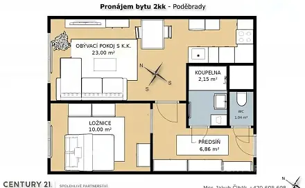 Pronájem bytu 2+kk 43 m², Jižní, Poděbrady - Poděbrady III, okres Nymburk