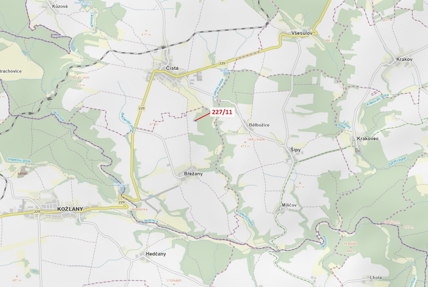 Lesní pozemek o výměře 883 m², podíl 1/1, katastrální území Břežany u Rakovníka, obec Břežany, obec, Břežany