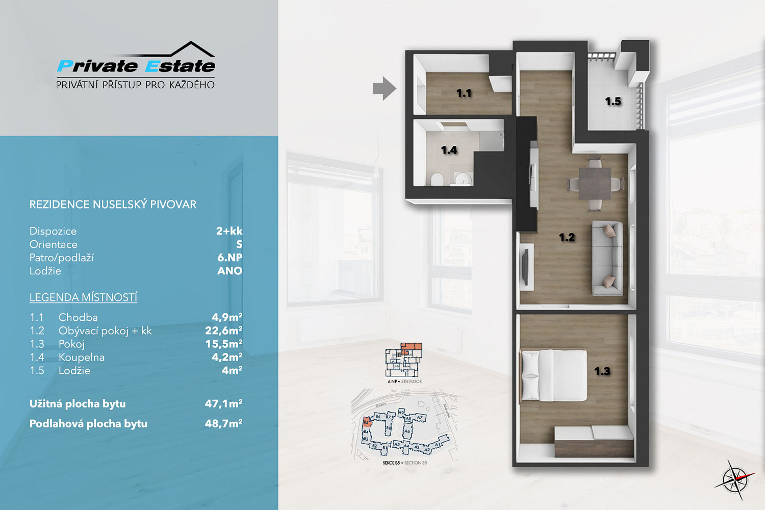 Prodej bytu 2+kk 48 m² – pohled 2