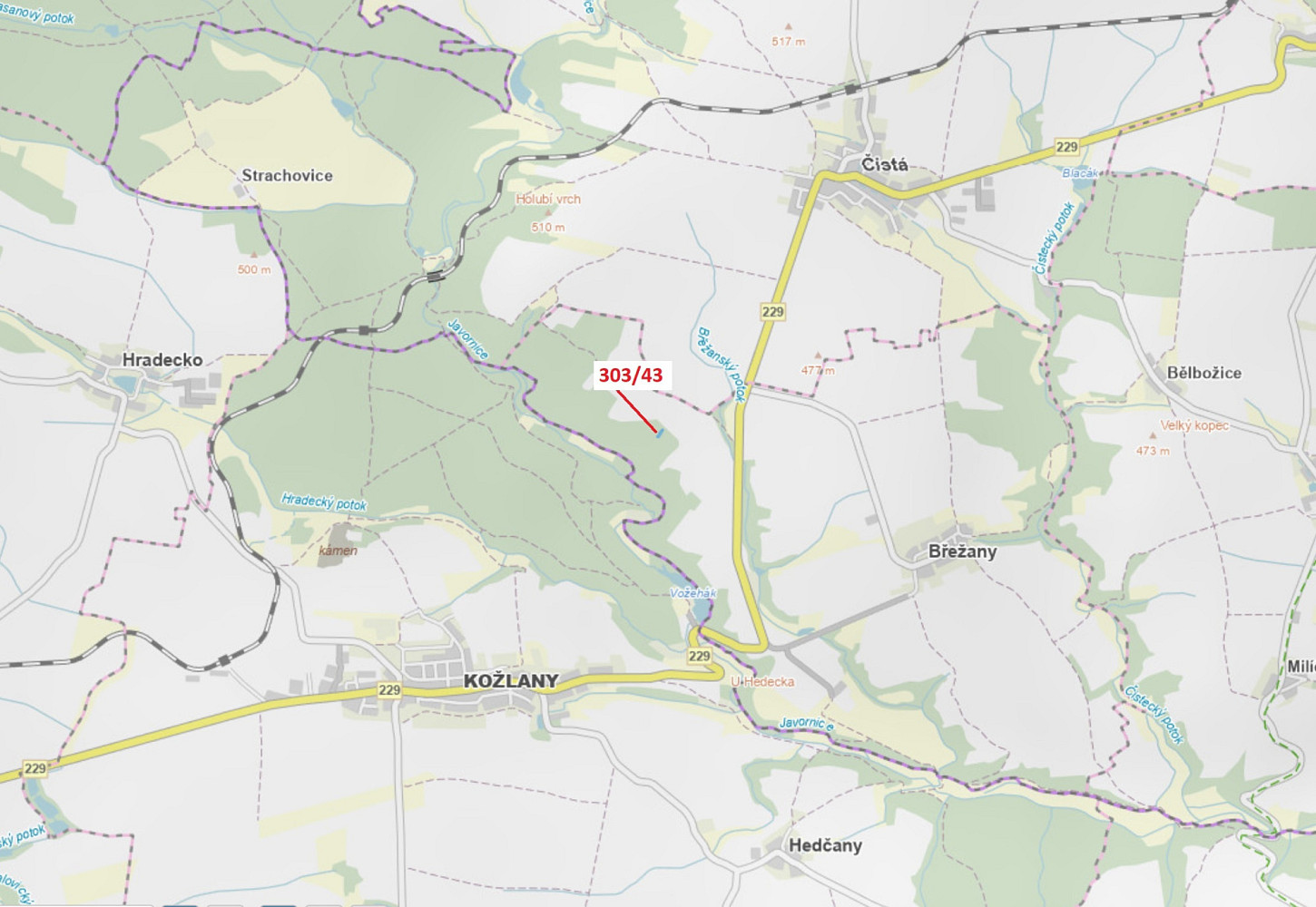 Lesní pozemek o výměře 995 m², podíl 1/1, katastrální území Břežany u Rakovníka, obec Břežany, obec, Čistá