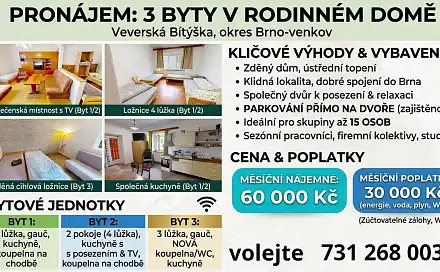 Pronájem domu 380 m² s pozemkem 762 m², náměstí Na Městečku, Veverská Bítýška, okres Brno-venkov