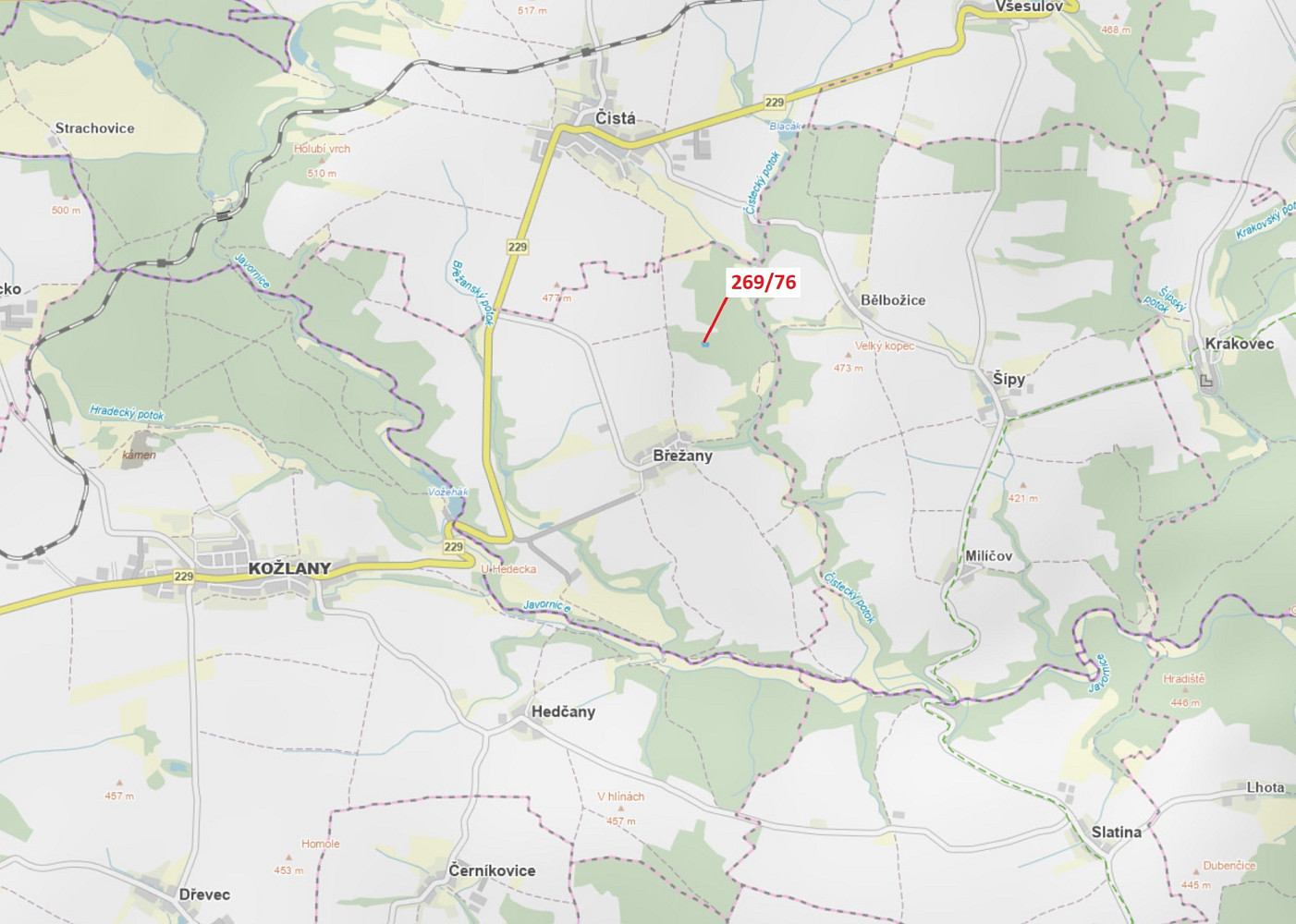 Lesní pozemek o výměře 1457 m², podíl 1/1, katastrální území Břežany u Rakovníka, obec Břežany, obec, Břežany