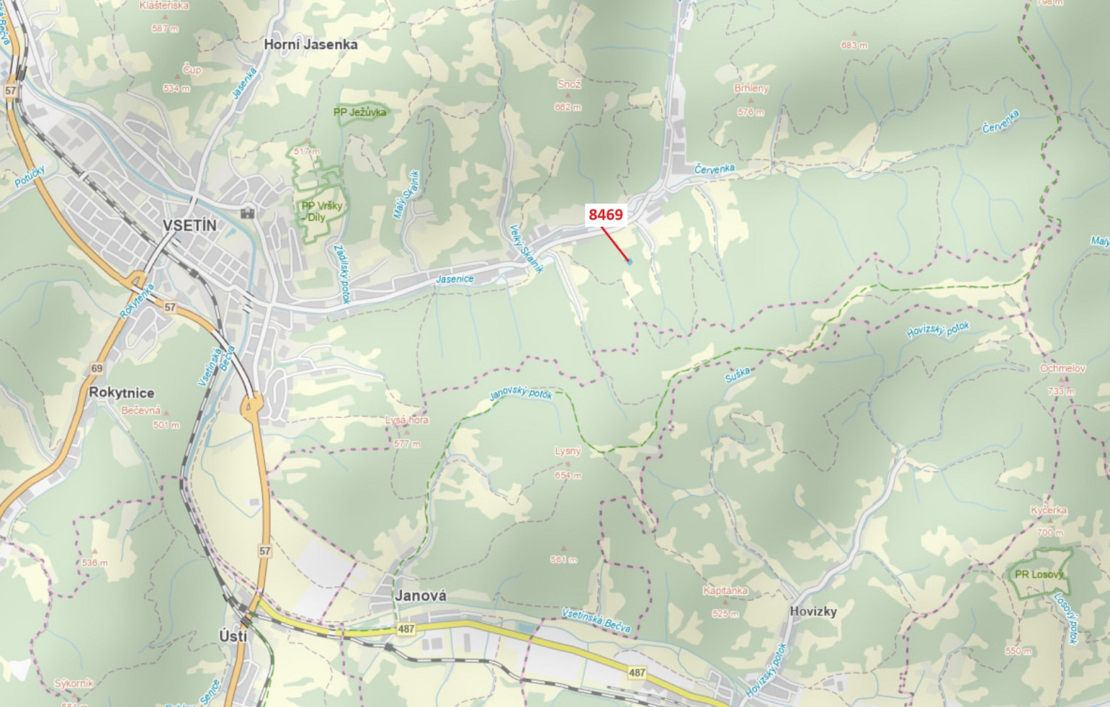 Trvalý travní porost o výměře 1957 m², podíl 1/1, katastrální území Vsetín, obec Vsetín, obec s rozš