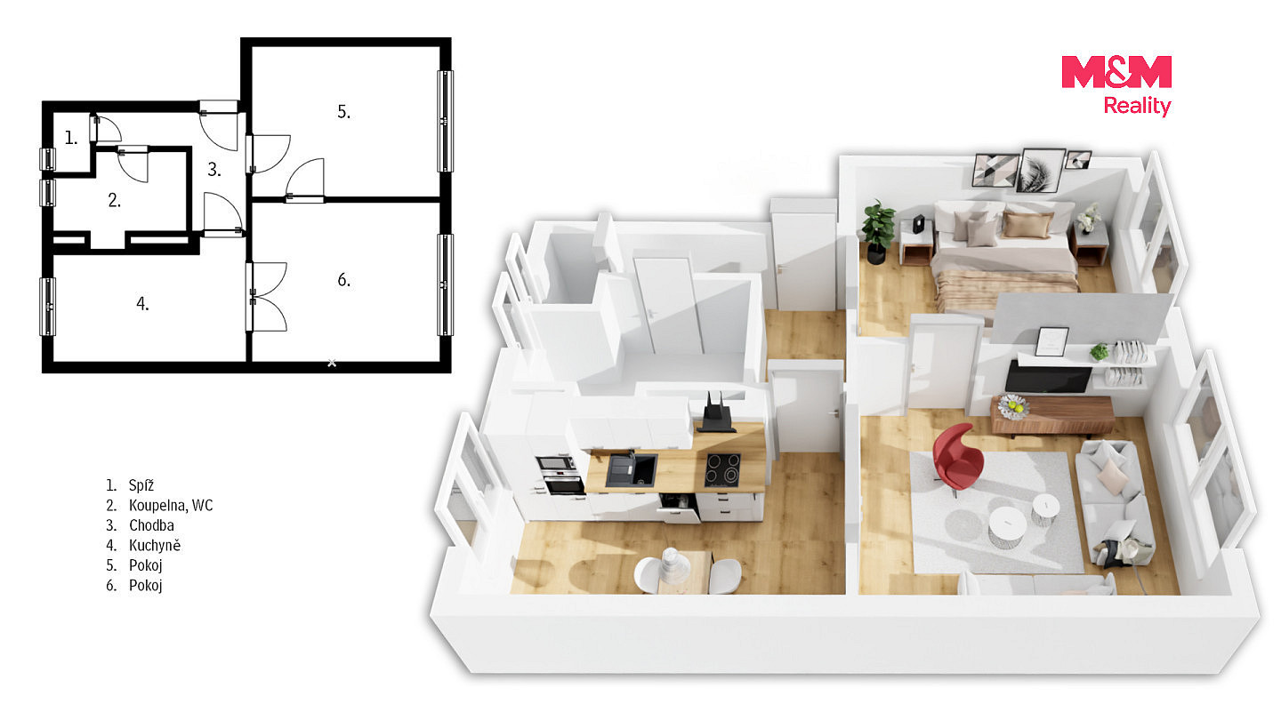 Pronájem bytu 2+1 50 m² – pohled 3