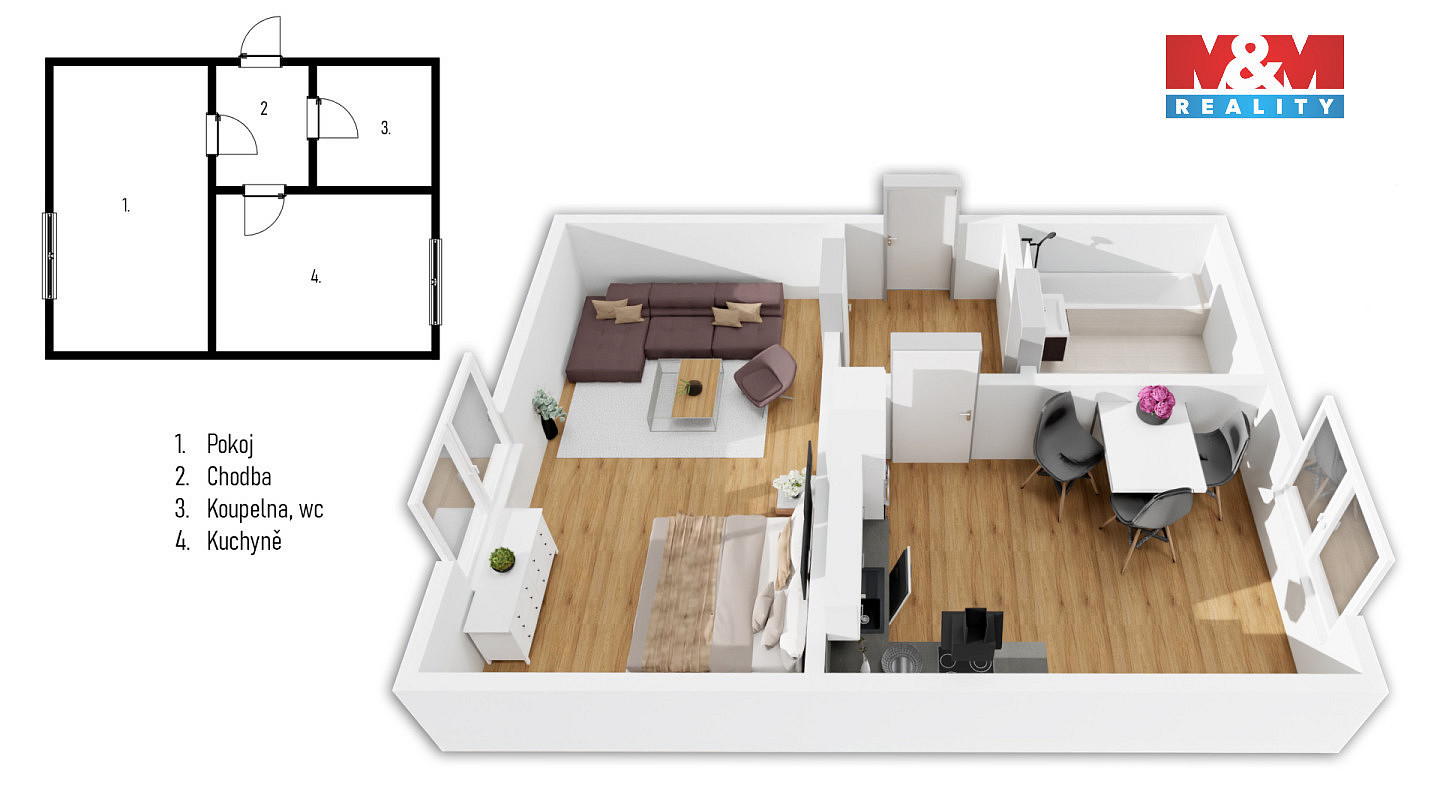Prodej bytu 1+1 51 m² – pohled 2